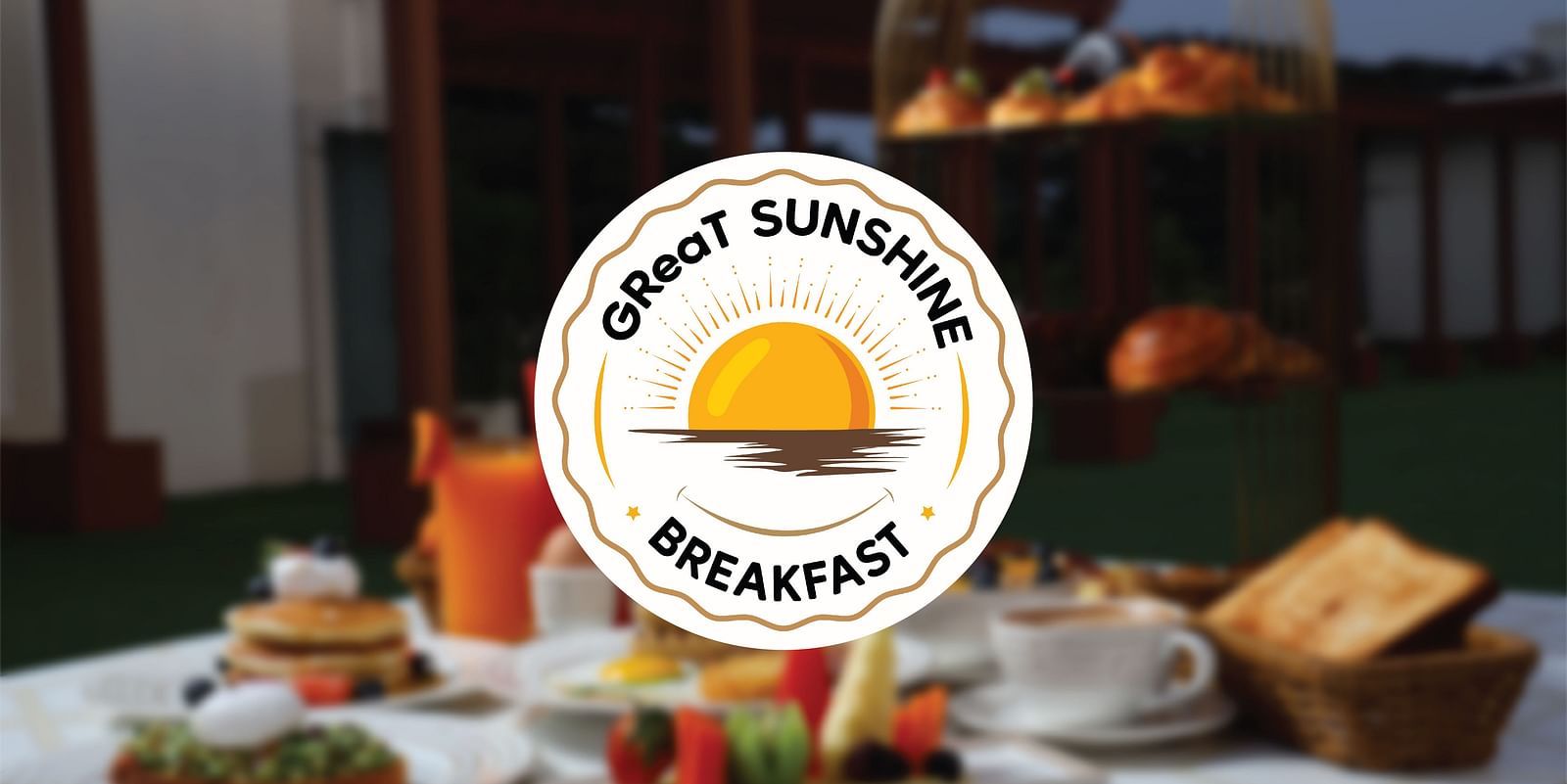 Logo of GReaT Sunshine Breakfast with a background of food placed on a table